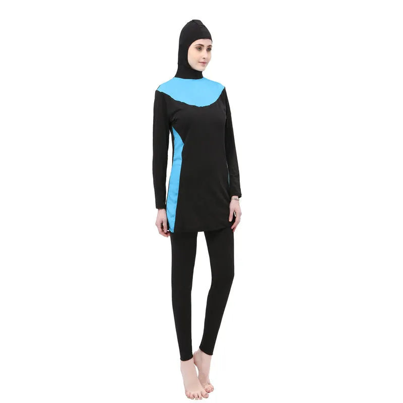 Conservative long sleeve hooded swimsuit for women in black with coloured trim