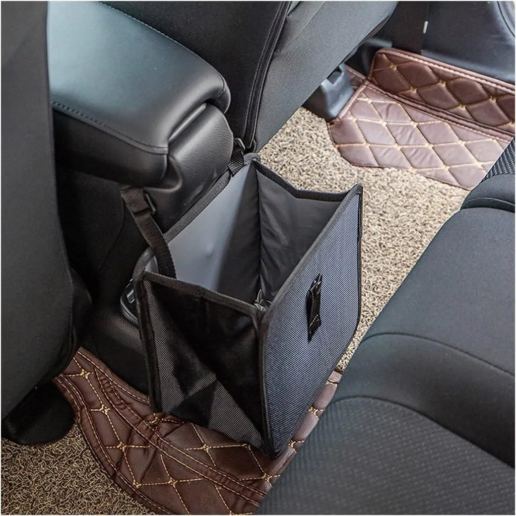 Black car hanging trash can with handle, made from Oxford cloth, shown folded and open