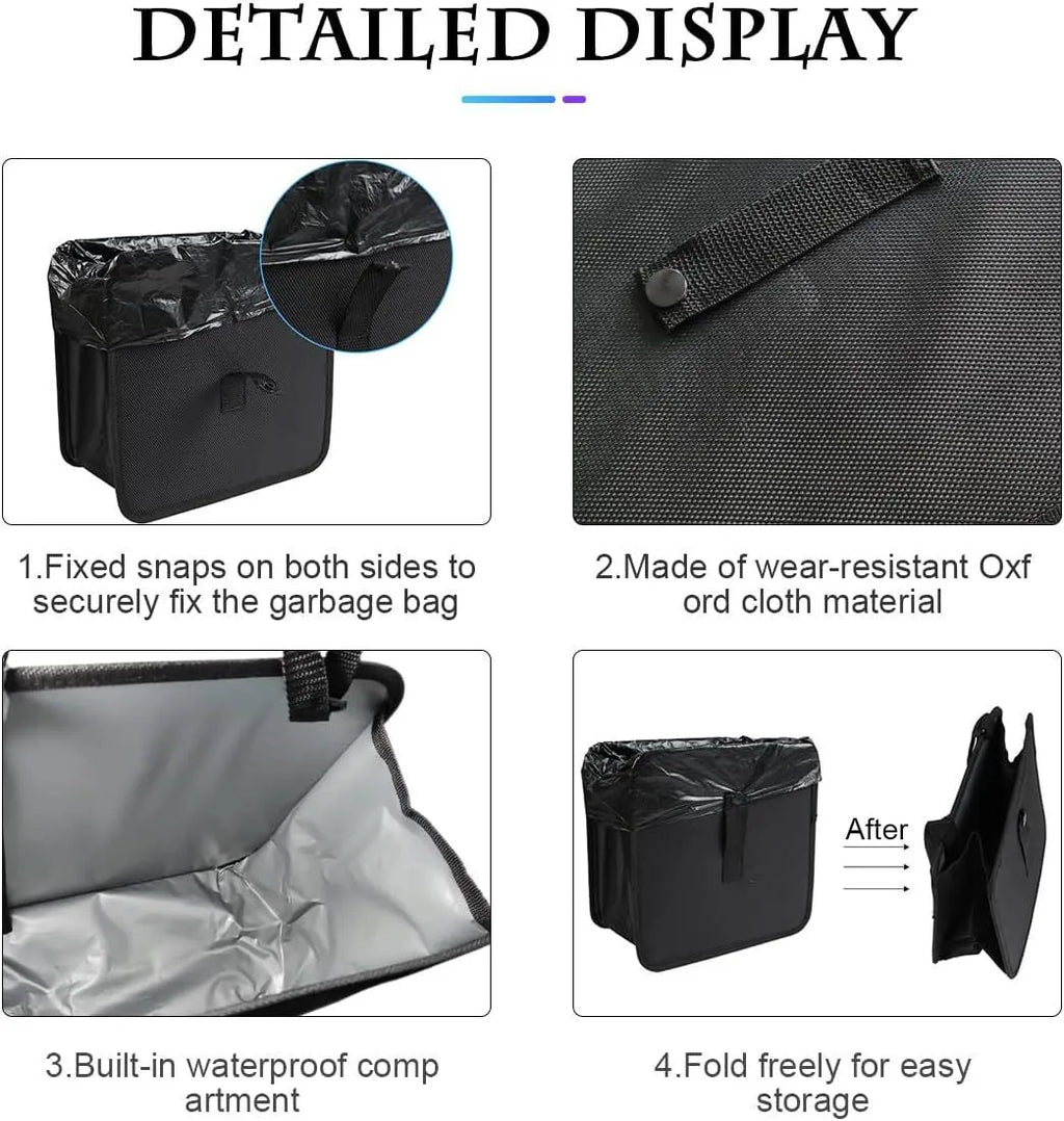 Black car hanging trash can with handle, made from Oxford cloth, shown folded and open
