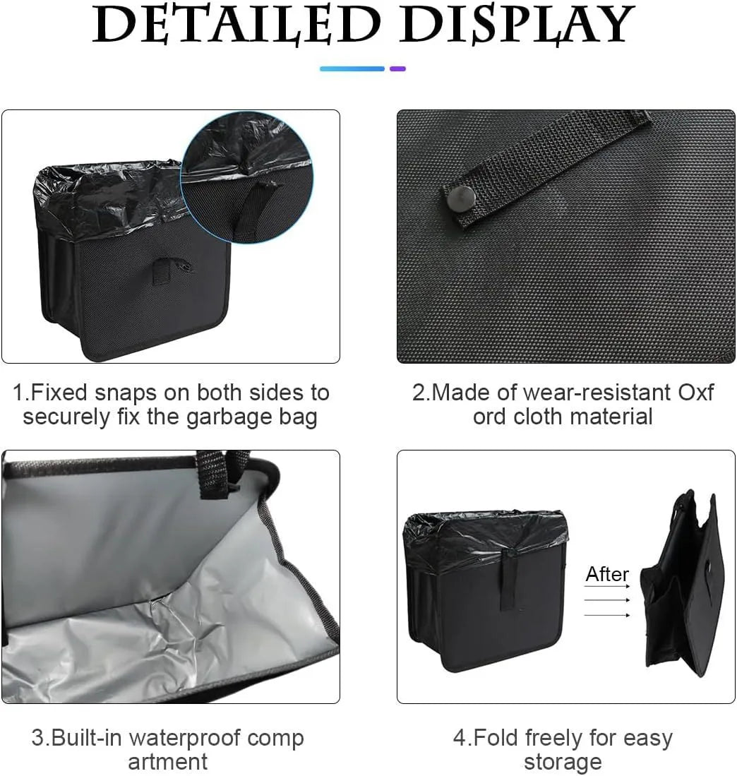 Black car hanging trash can with handle, made from Oxford cloth, shown folded and open