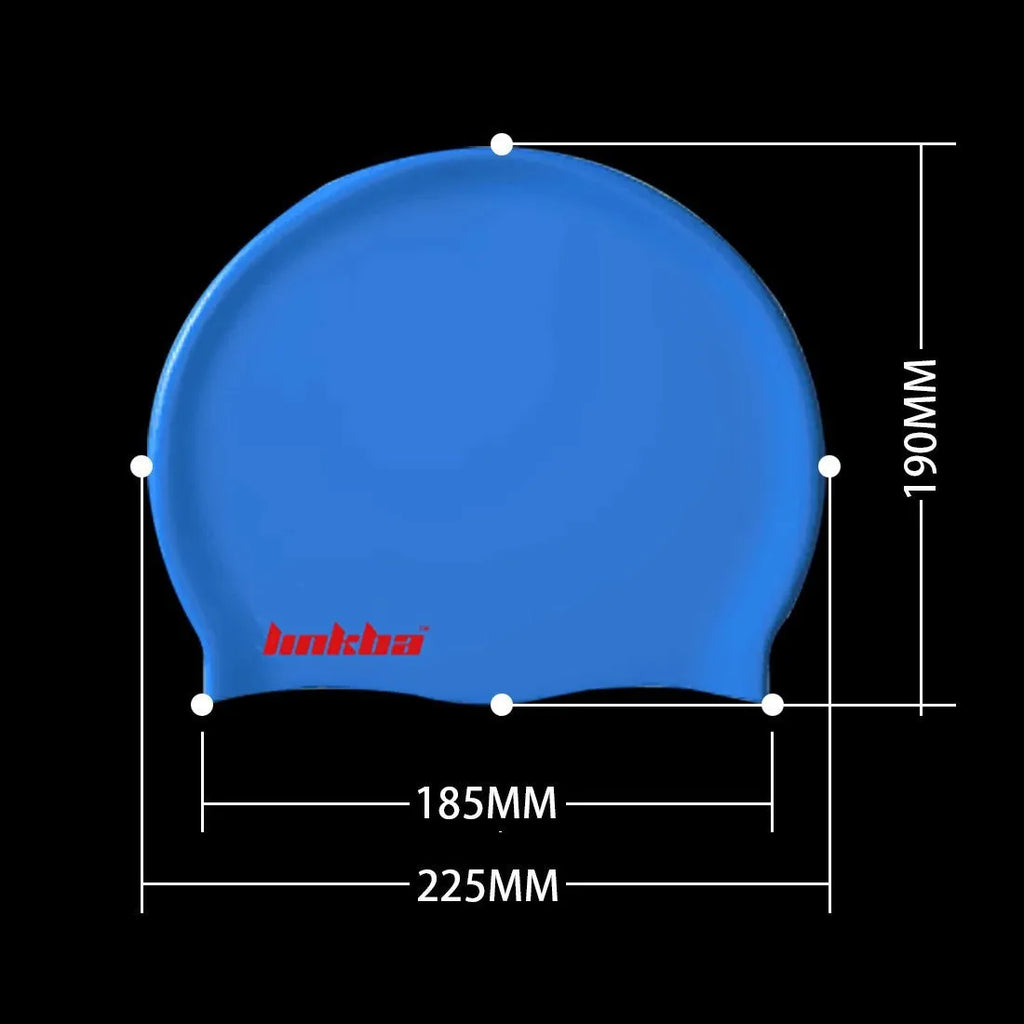 Silicone swimming cap with earmuff design in multiple colours featuring a printed letter pattern.