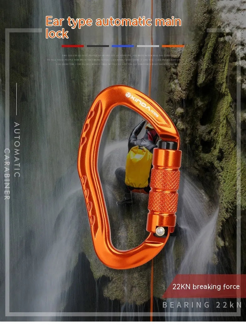Climbing carabiner with automatic master lock in black, blue, orange, red, and silver colour options.
