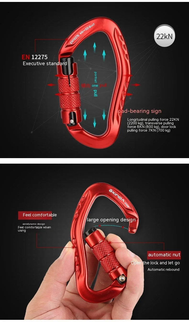 Climbing carabiner with automatic master lock in black, blue, orange, red, and silver colour options.