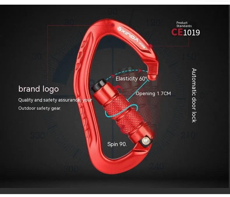 Climbing carabiner with automatic master lock in black, blue, orange, red, and silver colour options.