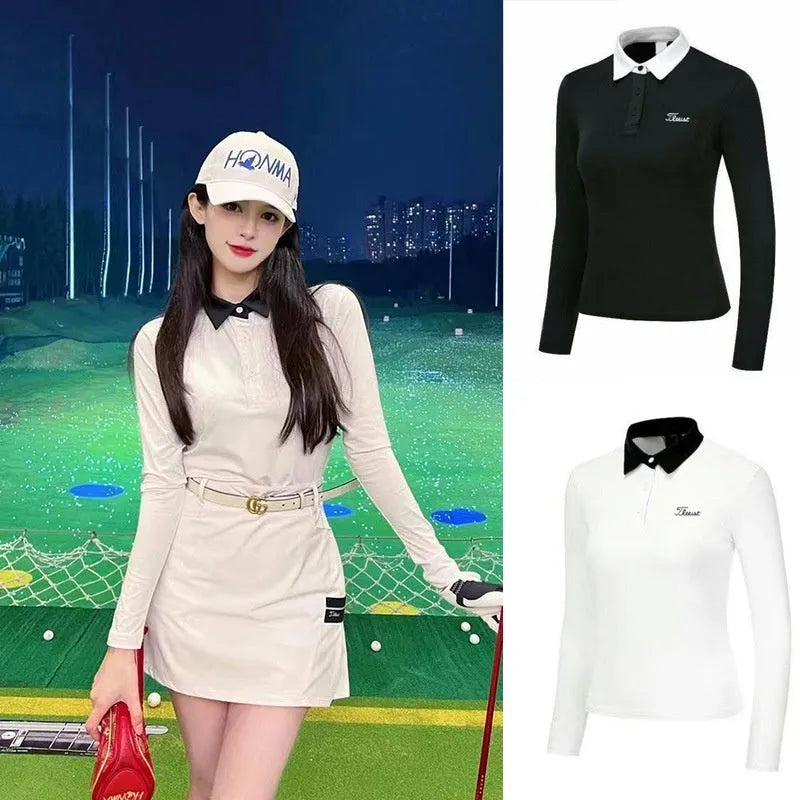 Women's white long sleeve polyester golf top with slim-fit sports style for outdoor sun protection