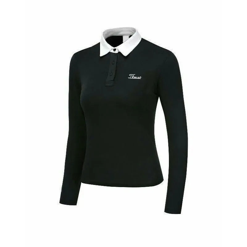 Women's white long sleeve polyester golf top with slim-fit sports style for outdoor sun protection