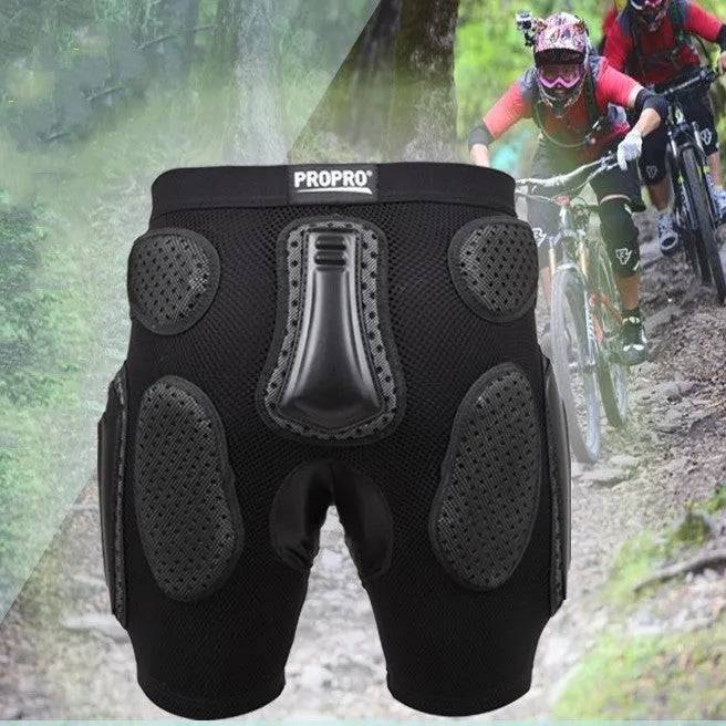 Black cycling hip protection pants showing protective panel positioning for hip impact reduction