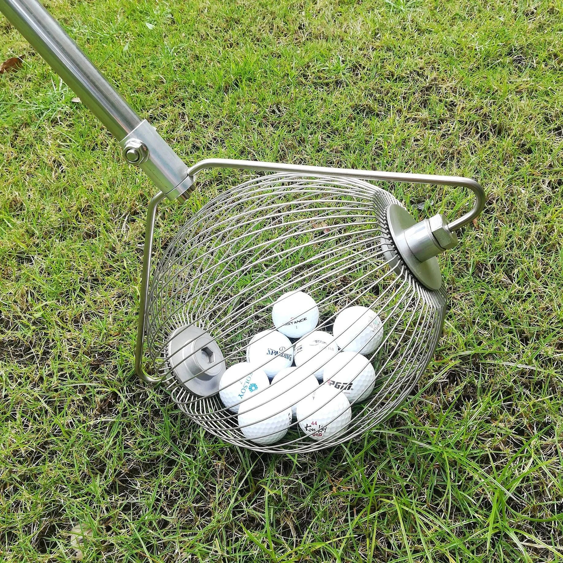 Metallic silver stainless steel golf ball picker with 40cm shaft and 9cm collection head