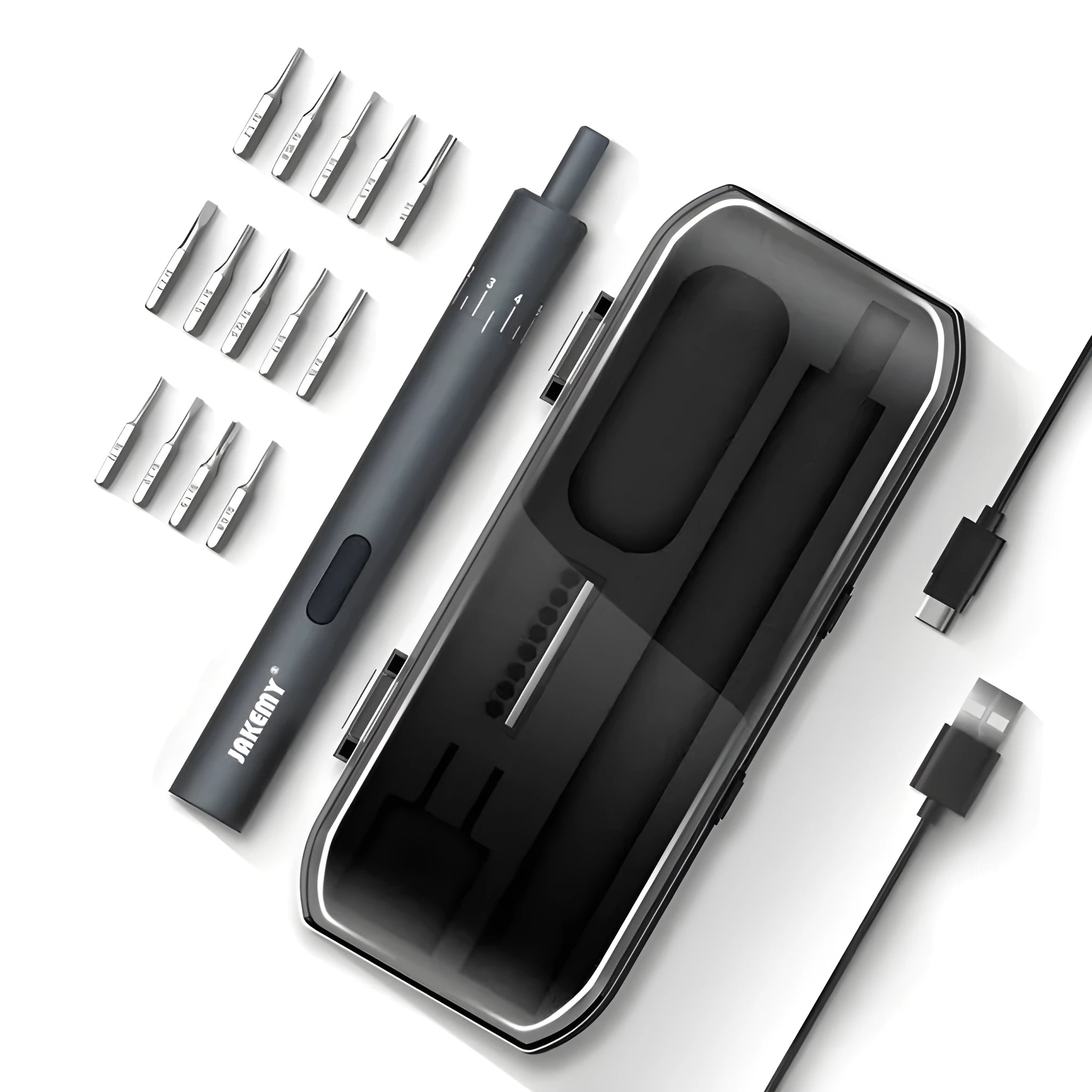 Black mini electric screwdriver with aluminium casing and micro USB charging port