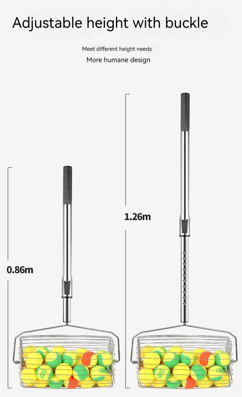 Stainless steel tennis ball roller picker with adjustable handle on a tennis court