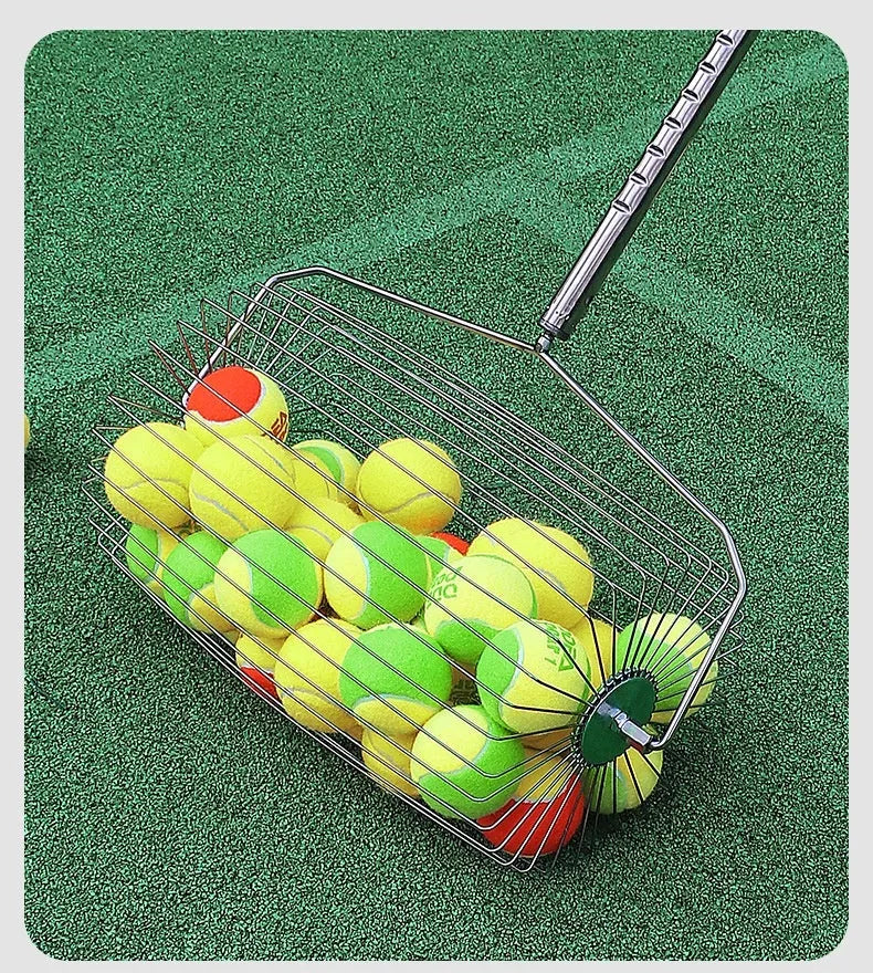 Stainless steel tennis ball roller picker with adjustable handle on a tennis court
