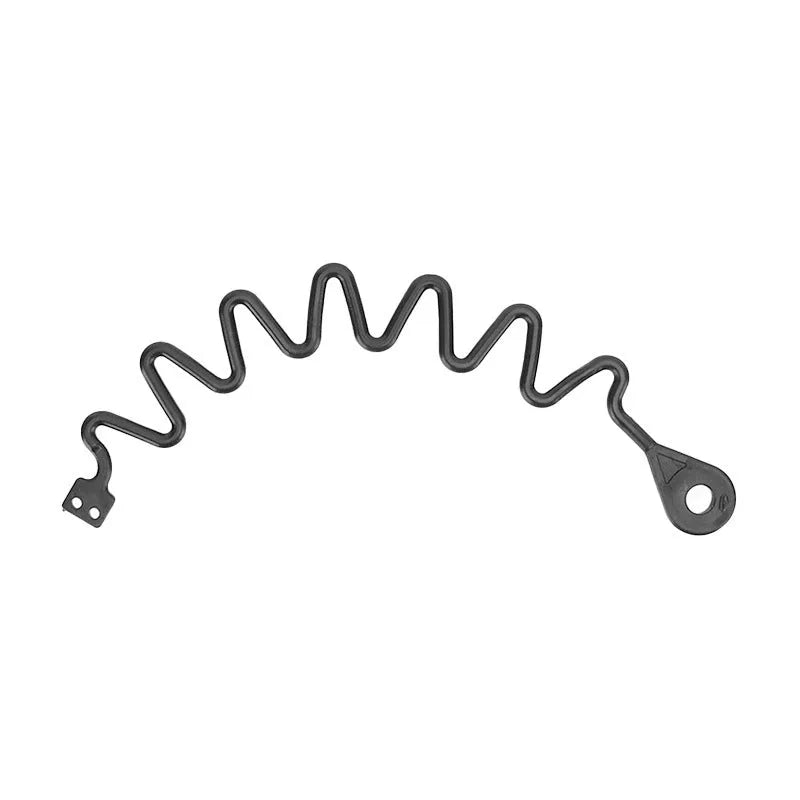 Black rubber fuel cap tether for Volvo cars, shown in round band and separate rope styles.