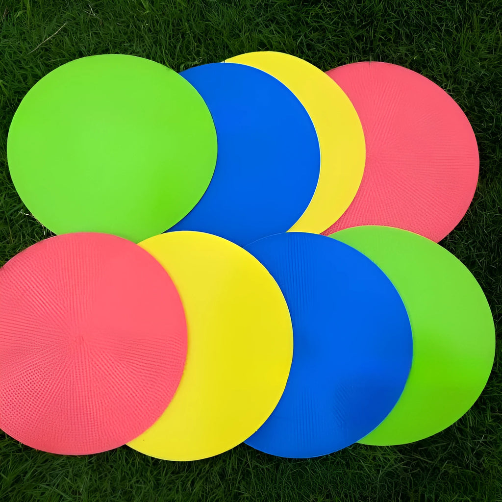 Soft circular football training target pad in bright colours measuring 23cm across