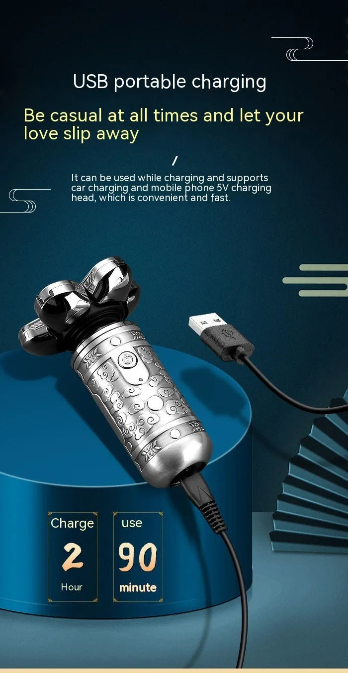 Silver Black zinc alloy electric shaver with floating cutter head and USB cable