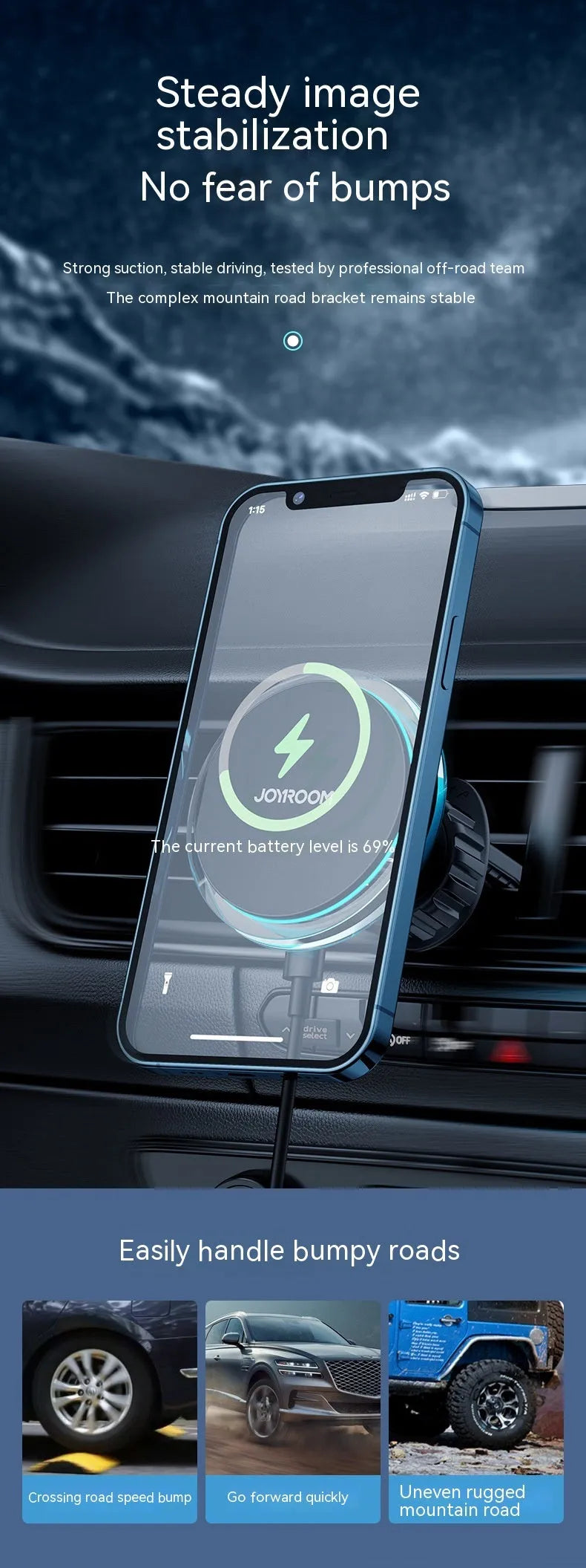 Black magnetic wireless car phone charger mounted on vehicle air vent