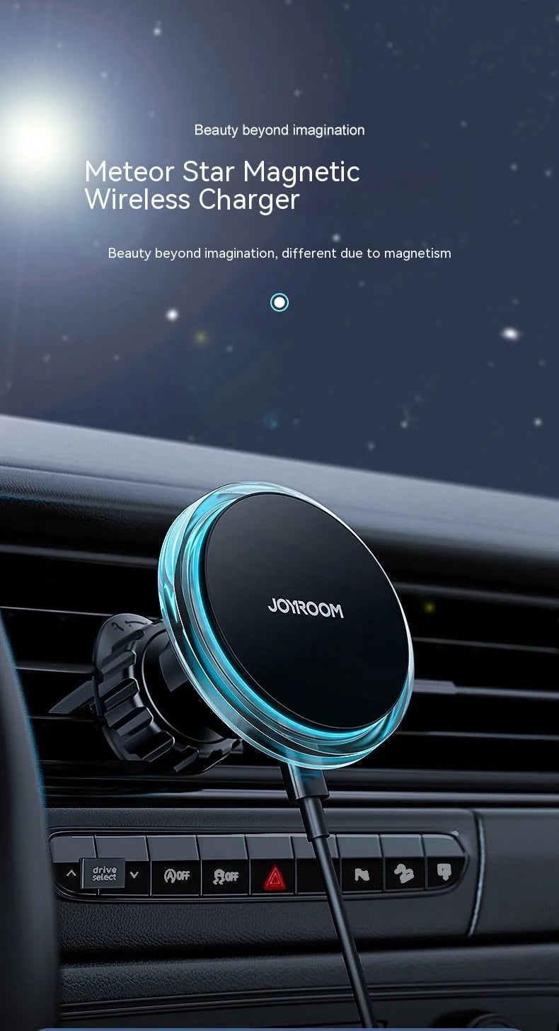 Black magnetic wireless car phone charger mounted on vehicle air vent
