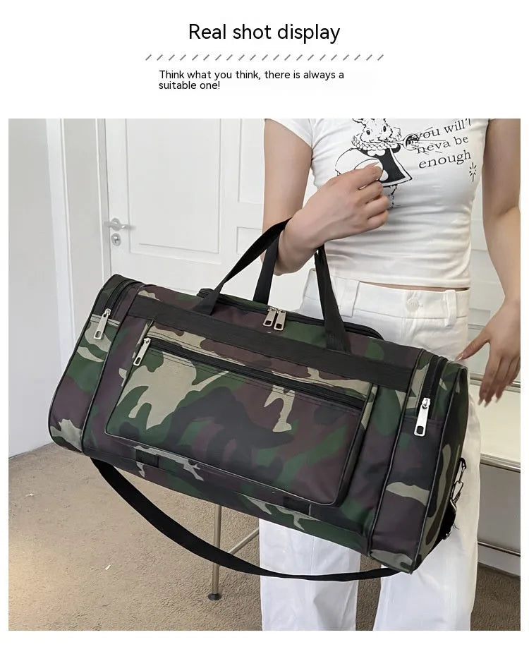 Camouflage pattern luggage bag with waterproof fabric construction and 20L capacity