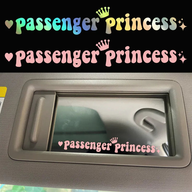 Passenger princess text car sticker measuring 15cm by 2.3cm for rearview mirror application
