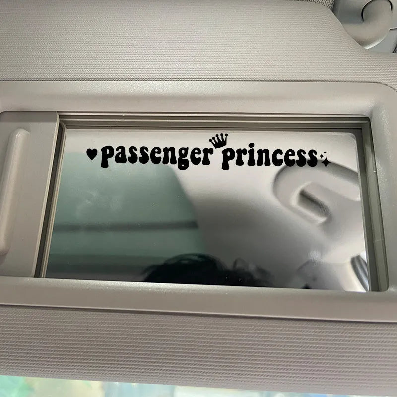 Passenger princess text car sticker measuring 15cm by 2.3cm for rearview mirror application