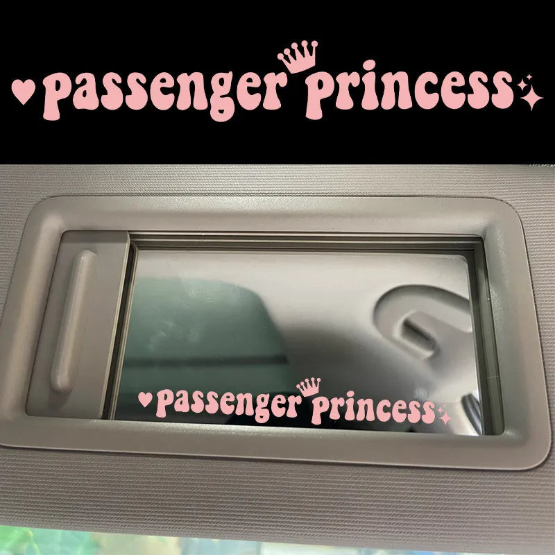 Passenger princess text car sticker measuring 15cm by 2.3cm for rearview mirror application