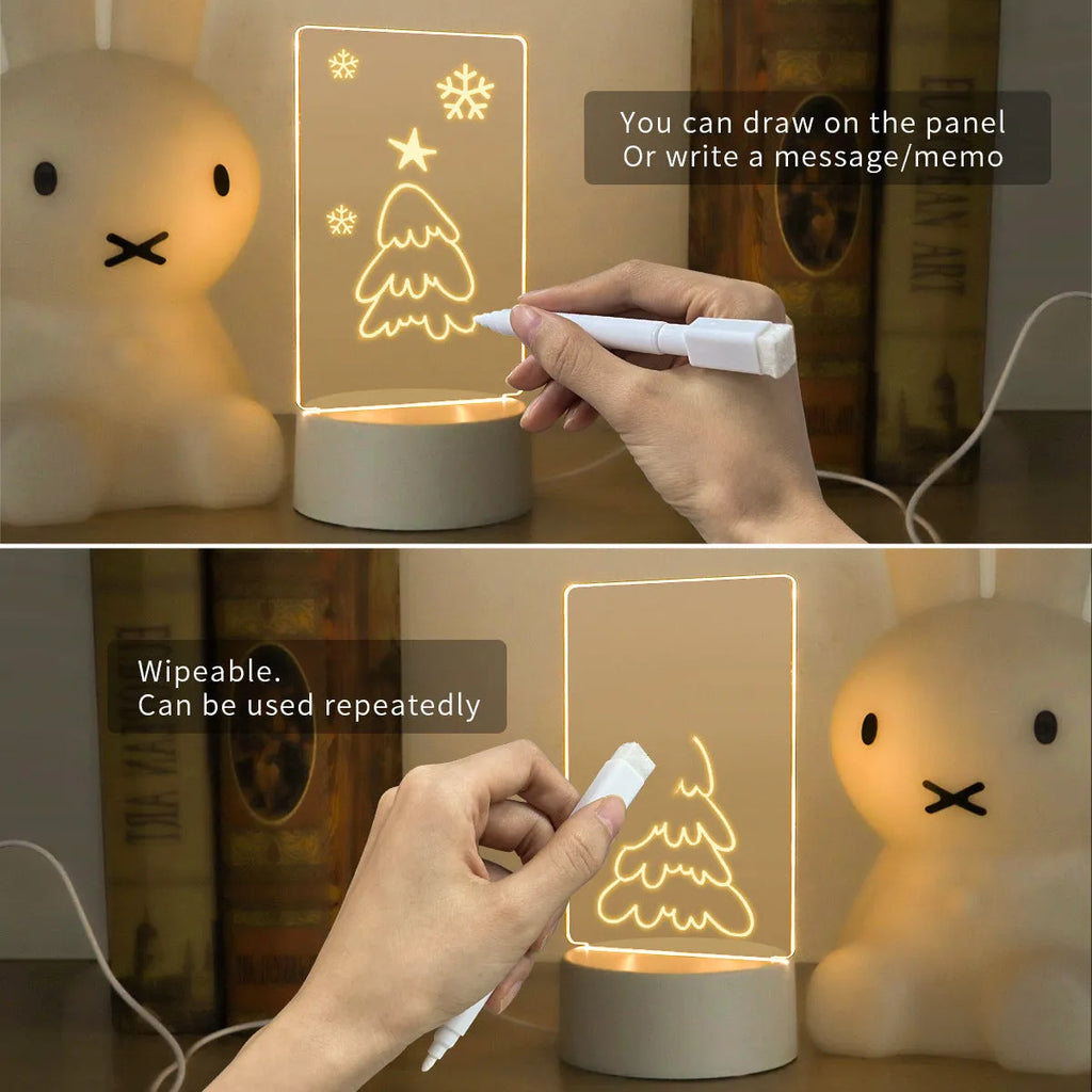 Heart-shaped LED light note board with USB warm yellow glow, base, and pen on a desk