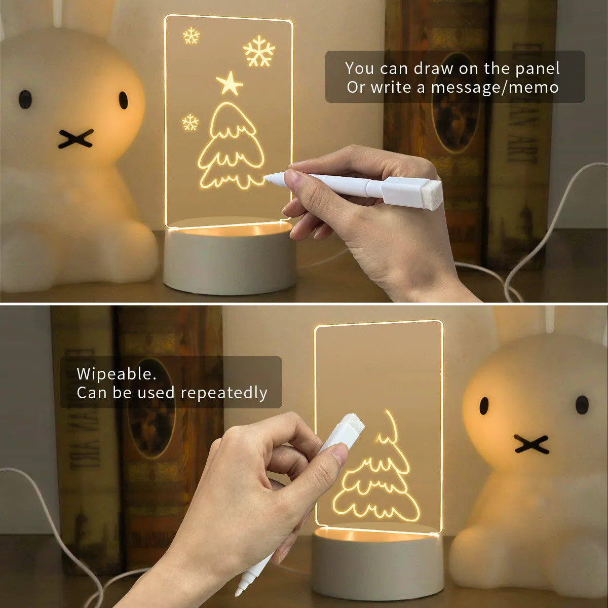Heart-shaped LED light note board with USB warm yellow glow, base, and pen on a desk