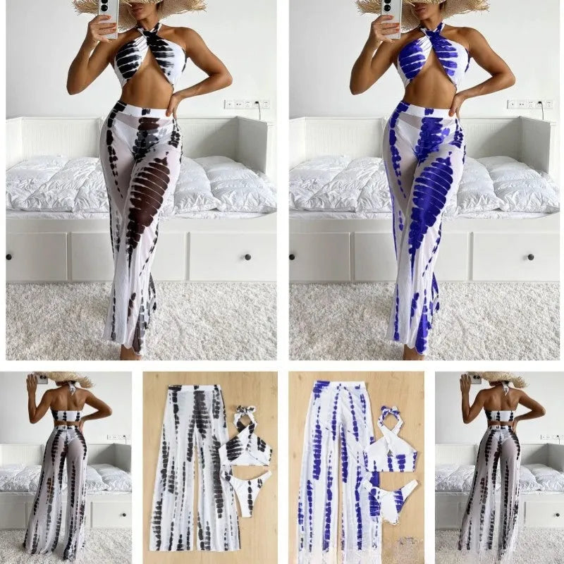 Women's three-piece swimsuit bikini set with mesh trousers in black or blue printed quick-dry fabric.
