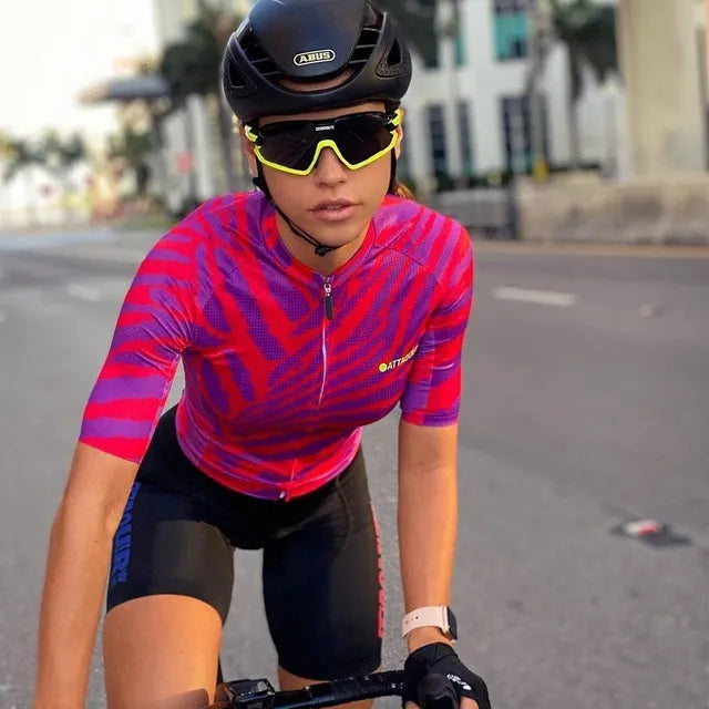 Attaquer women's All Day Kaleidoscope cycling jersey and bib shorts set shown in one of five available colour options.