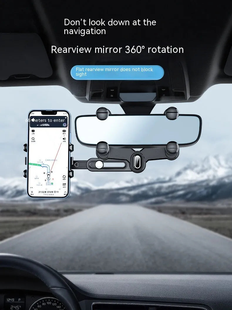Universal retractable mobile phone holder attached to car rear view mirror bracket