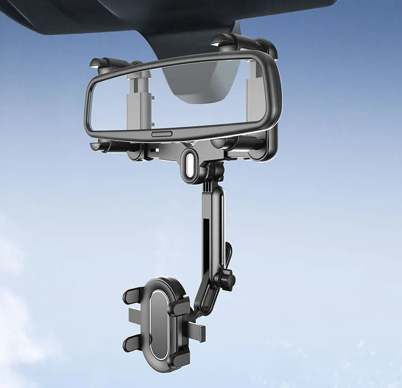 Universal retractable mobile phone holder attached to car rear view mirror bracket