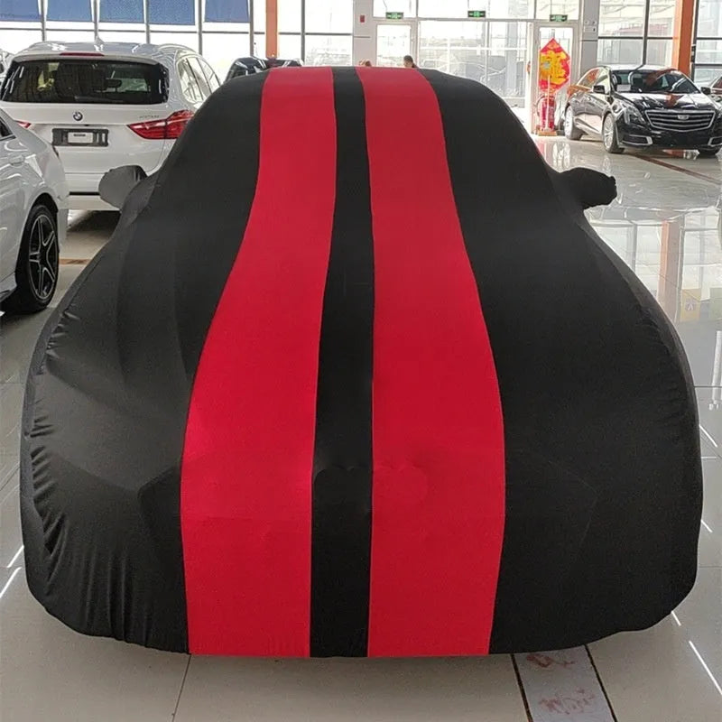 Ford Mustang elastic car cover in light grey colour stretched over vehicle showing four-side elastic edges