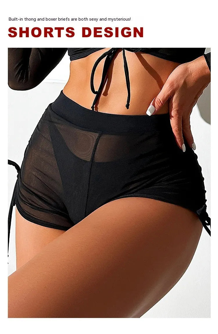 Black mesh long-sleeve women's bikini swimsuit set for swimming sports