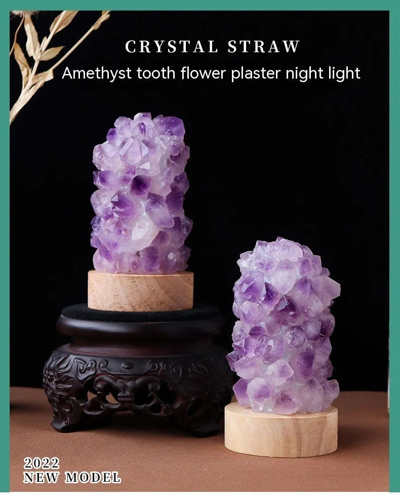Natural purple amethyst crystal night light with tooth flower vug formation and USB cable