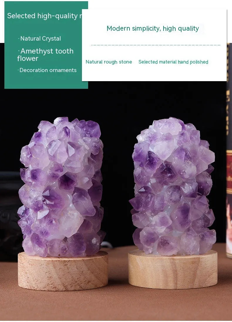 Natural purple amethyst crystal night light with tooth flower vug formation and USB cable
