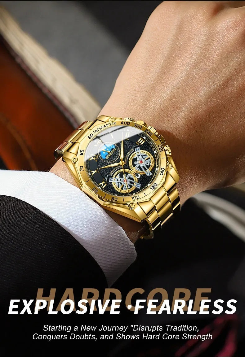 Men's double mechanical hollow watch with multi-function sub-dials, available in gold and black finishes