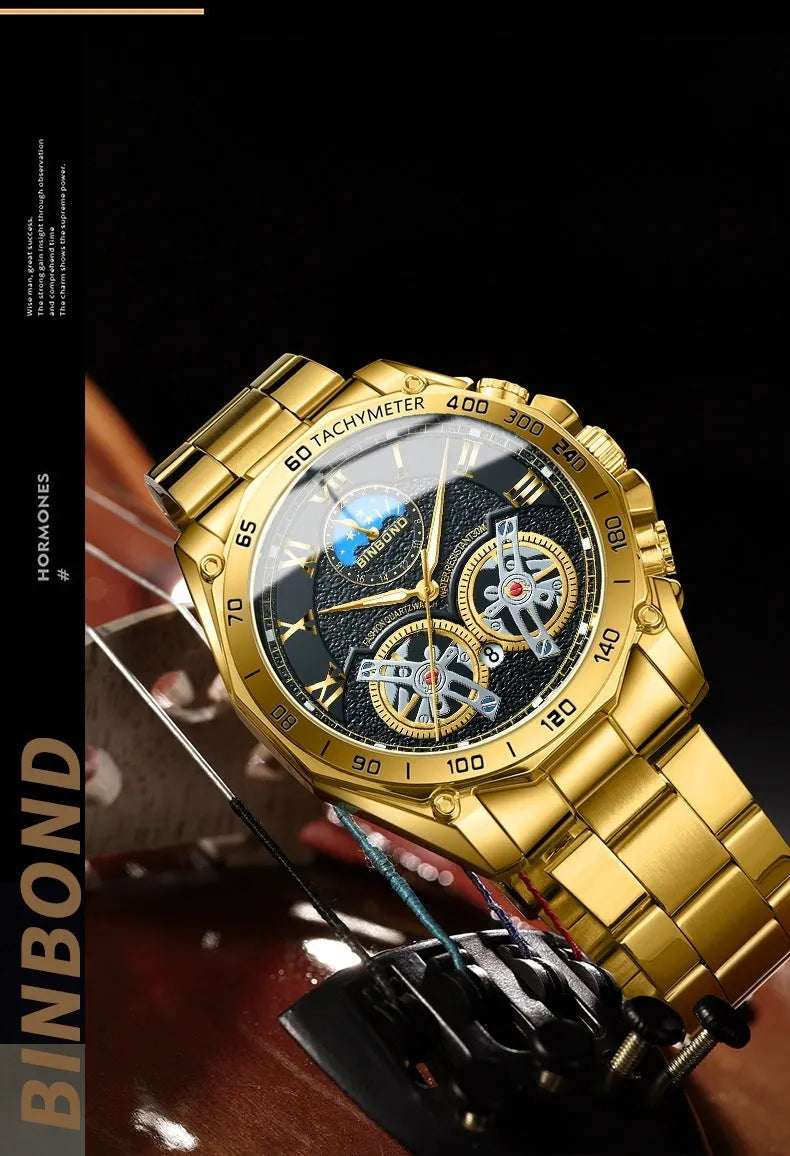 Men's double mechanical hollow watch with multi-function sub-dials, available in gold and black finishes