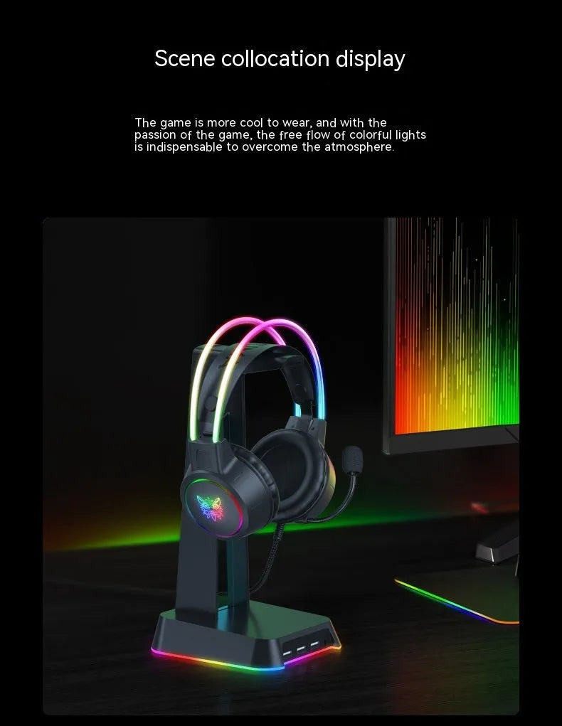 X15PRO wired gaming headset with RGB luminous lights and built-in microphone on black background