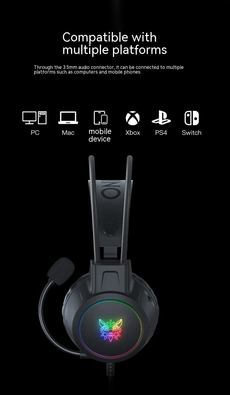 X15PRO wired gaming headset with RGB luminous lights and built-in microphone on black background