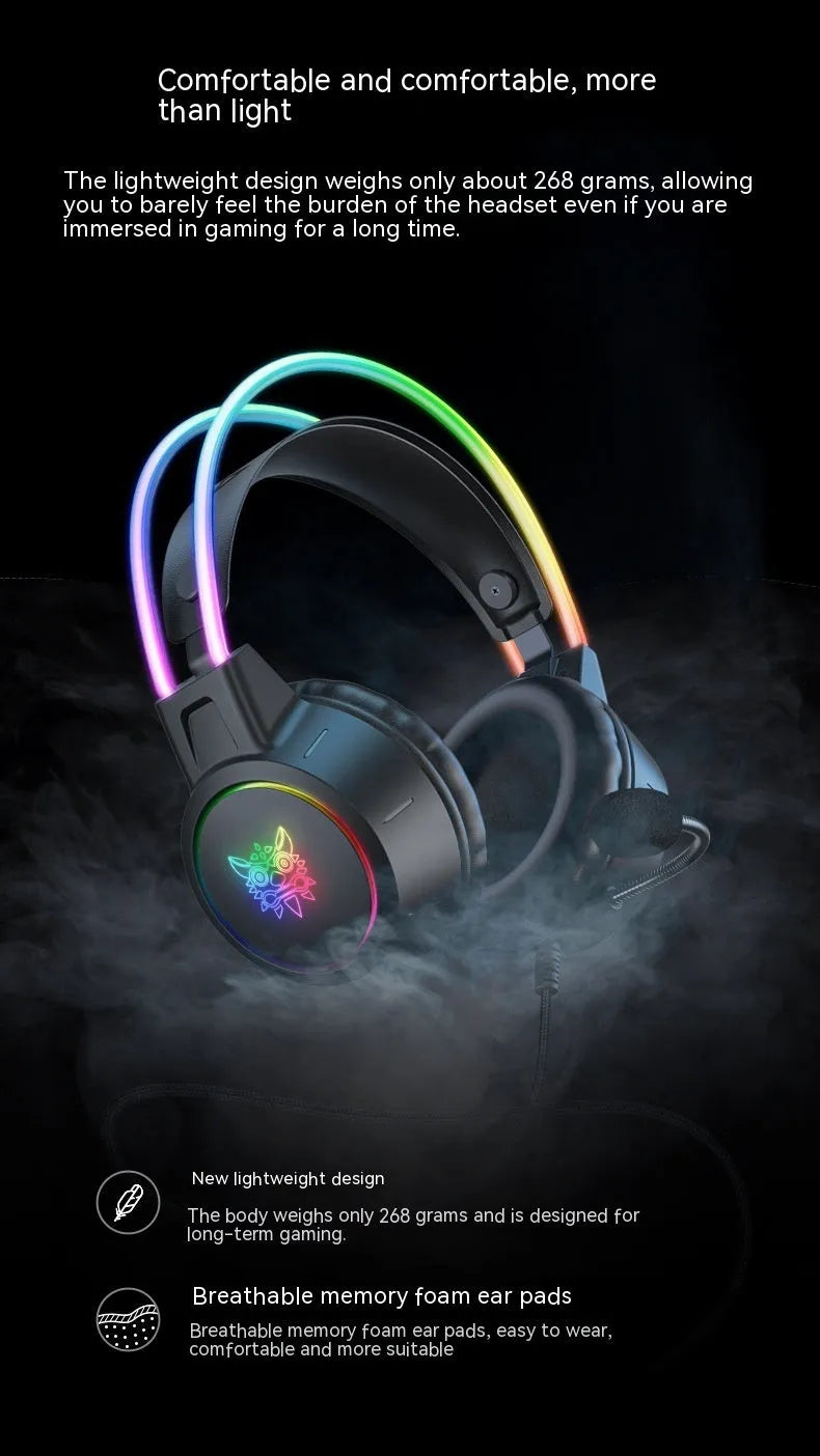 X15PRO wired gaming headset with RGB luminous lights and built-in microphone on black background
