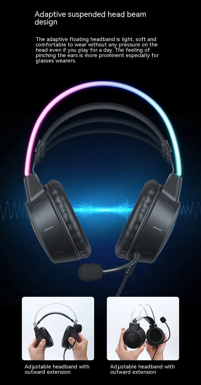 X15PRO wired gaming headset with RGB luminous lights and built-in microphone on black background