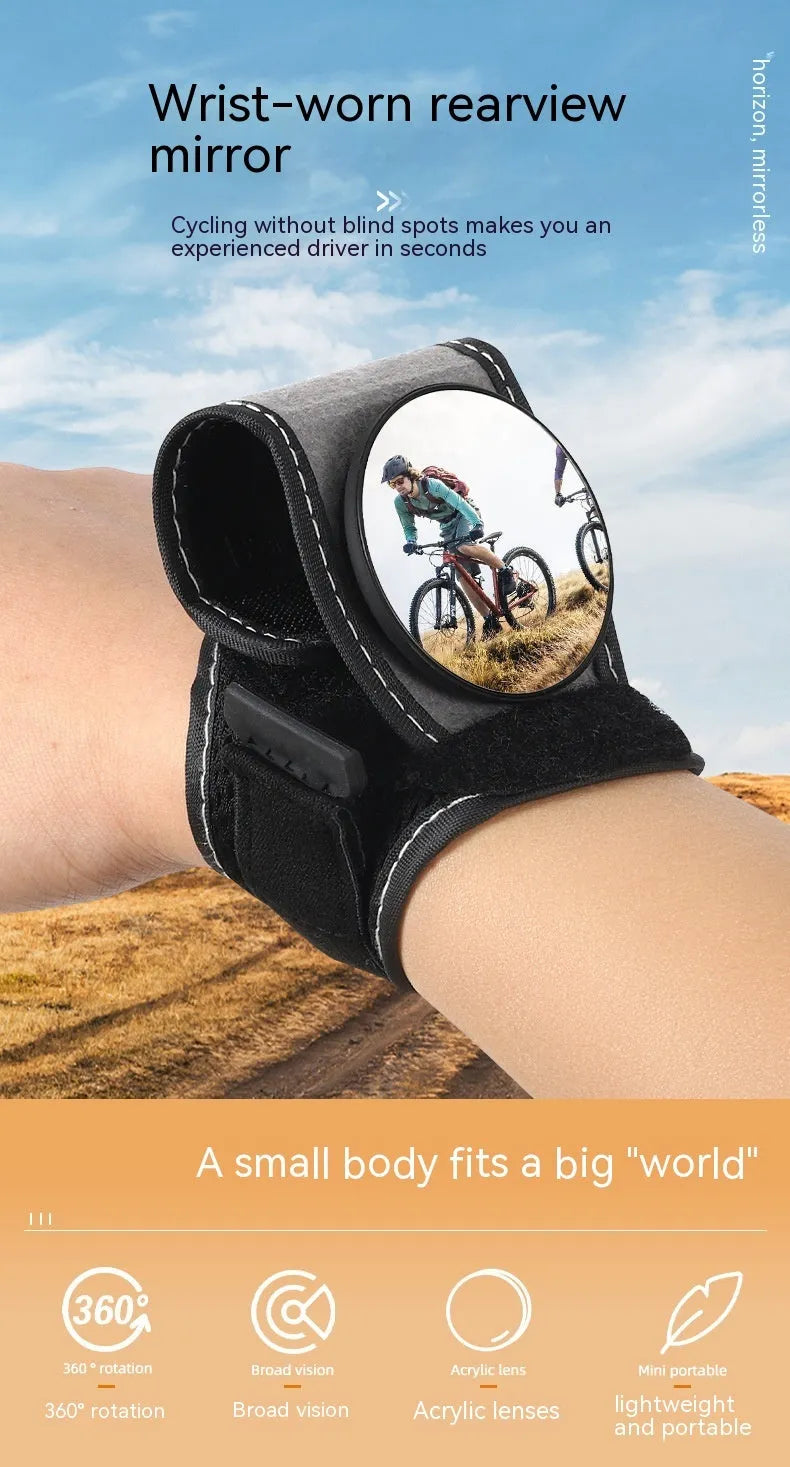Black nylon bicycle wrist rear-view mirror with quick-fit attachment for handlebars or wrist