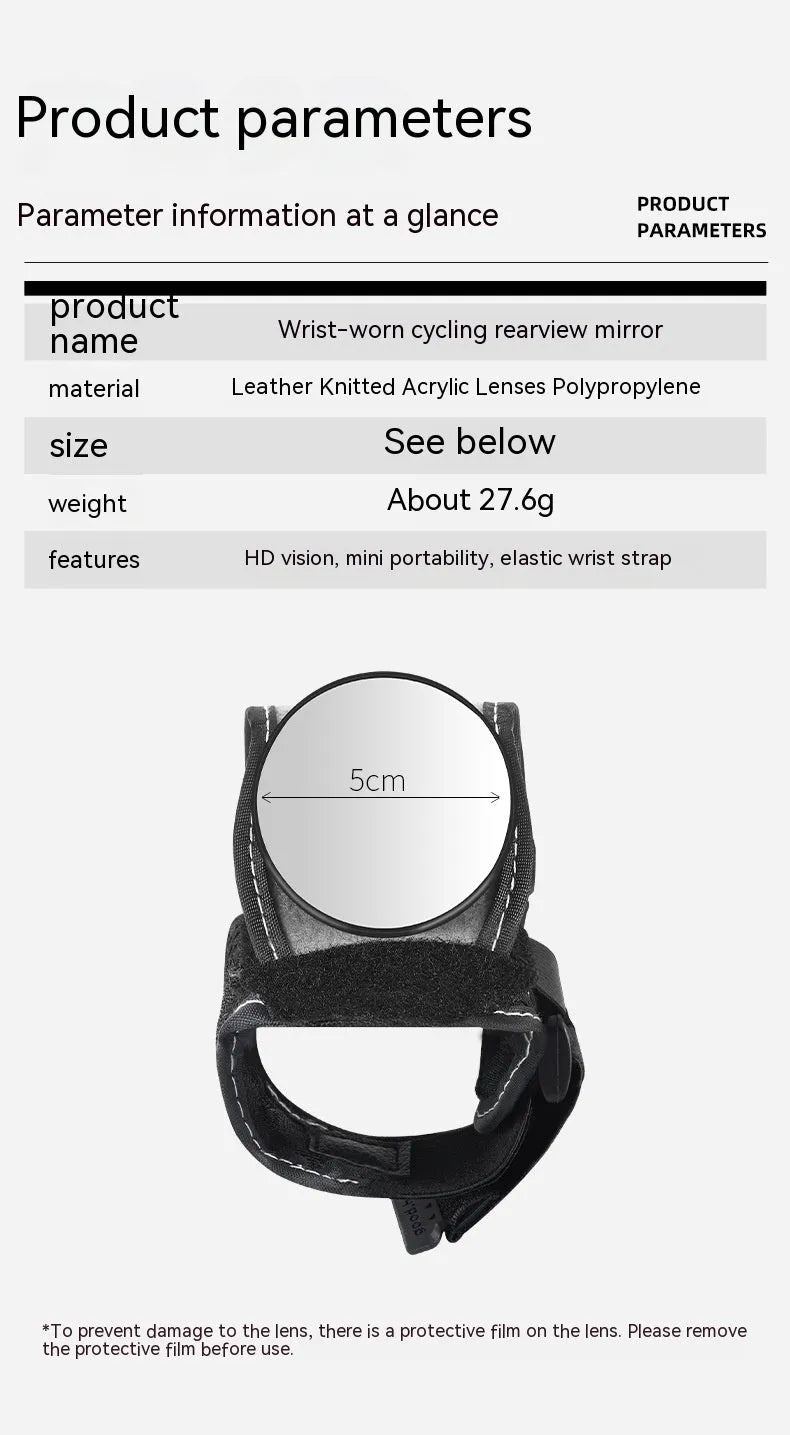 Black nylon bicycle wrist rear-view mirror with quick-fit attachment for handlebars or wrist