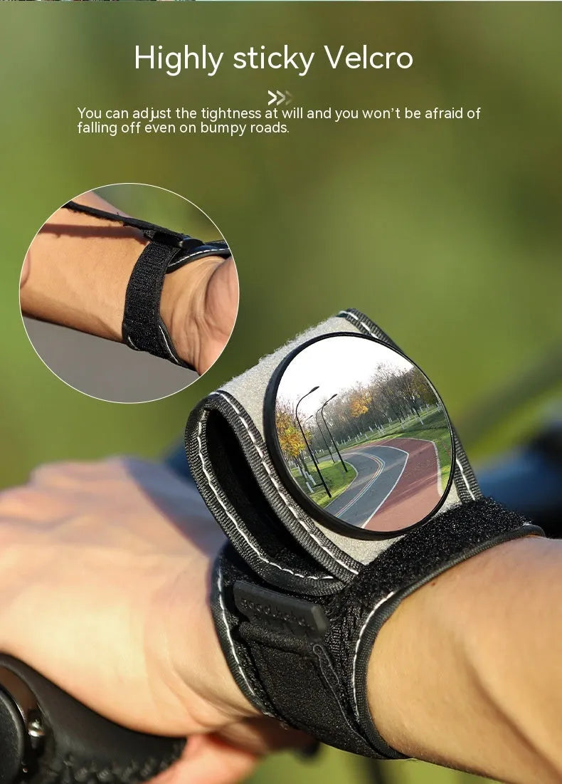 Black nylon bicycle wrist rear-view mirror with quick-fit attachment for handlebars or wrist