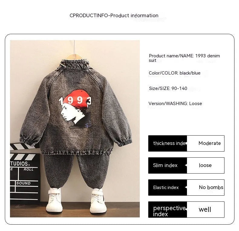 Boys' black denim suit set with long sleeves in Korean style, showing both top and trousers