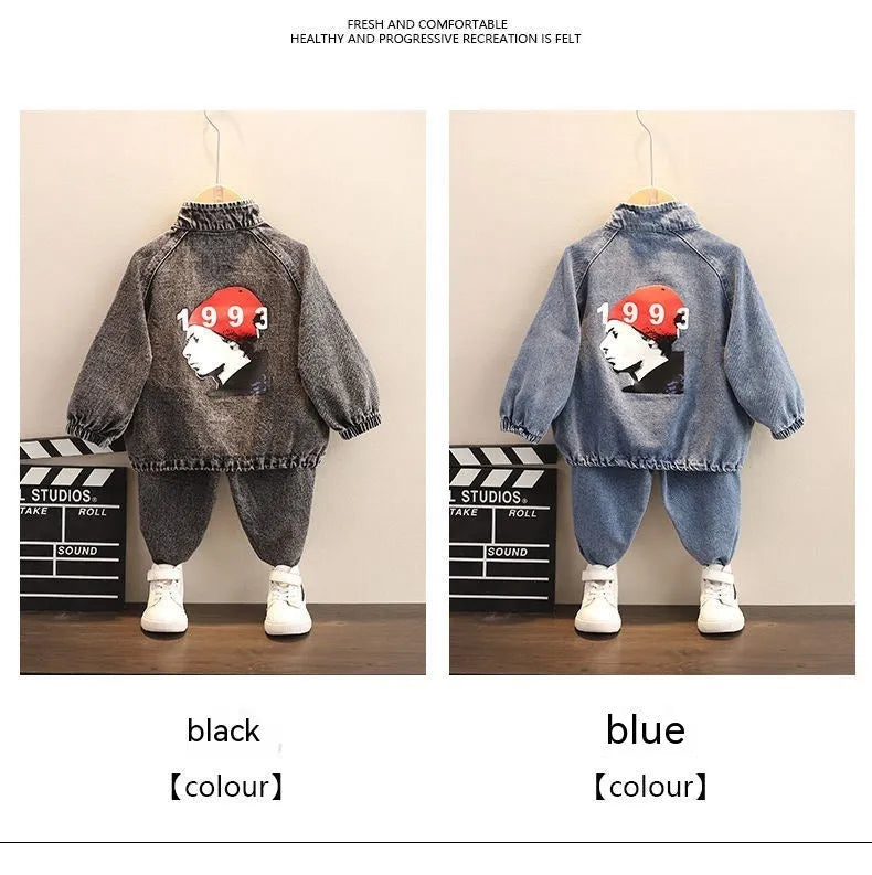 Boys' black denim suit set with long sleeves in Korean style, showing both top and trousers