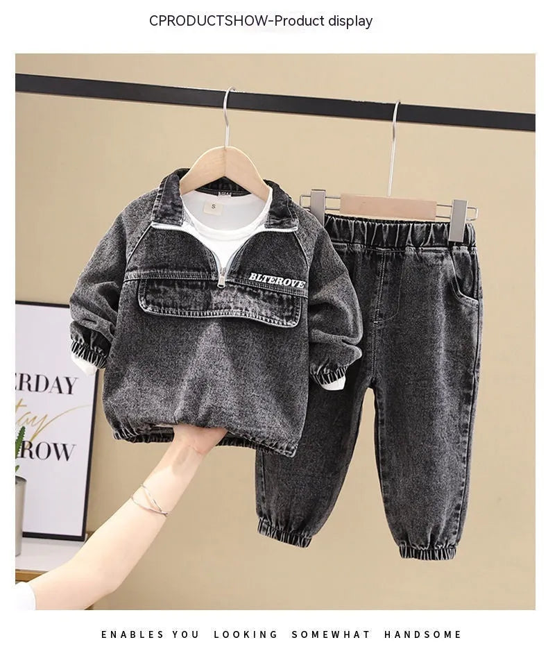 Boys' black denim suit set with long sleeves in Korean style, showing both top and trousers
