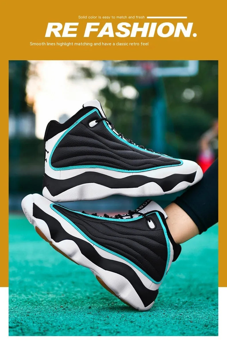 Men's high-top basketball shoes in AJ13 white red colourway with thick rubber sole and mesh upper.