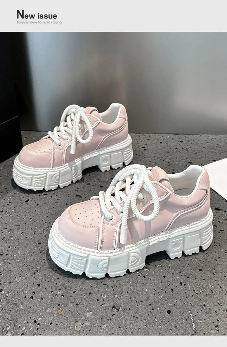 Beige and pink leather muffin bottom casual shoes with rubber foam soles