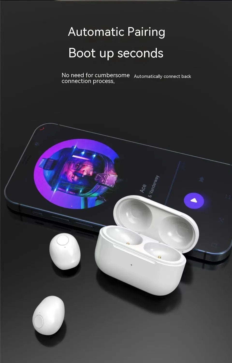 Mini wireless Bluetooth headset in earplug shape for sleep, PC ABS, available in skin colour, black, white, purple
