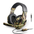 Camouflage wired gaming headset with 50mm subwoofer and microphone on a dark background